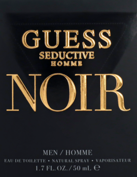Zbliżenie na czarne opakowanie wody toaletowej Guess Seductive Homme Noir ze złotymi napisami i pojemnością 50ml.
