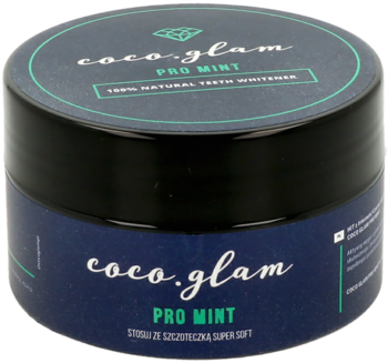 Coco.glam Pro Mint naturalny proszek do wybielania zębów, czarny słoiczek z zieloną etykietą, widok pod kątem.