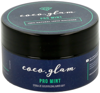 Coco.glam Pro Mint naturalny proszek do wybielania zębów, czarny słoiczek z zieloną etykietą, widok pod kątem.