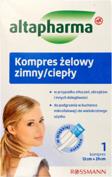 Altapharma Kompres żelowy zimny/ciepły w białym opakowaniu z zielonym logo, wymiary 12x29cm, widok z przodu.