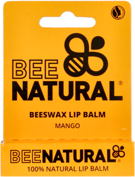 Żółto-pomarańczowy kartonik balsamu do ust Bee Natural Beeswax Lip Balm Mango 100% naturalny, widok z przodu.