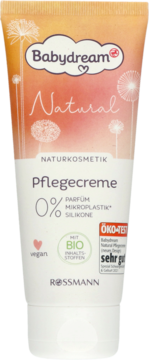 Biało-pomarańczowa tuba Babydream Natural Pflegecreme. Krem do ciała i twarzy, 0% perfum, wegański.