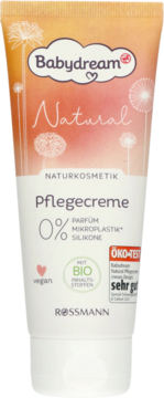 Biało-pomarańczowa tuba Babydream Natural Pflegecreme. Krem do ciała i twarzy, 0% perfum, wegański.