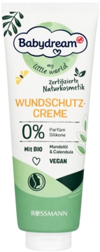 Babydream Wundschutz-Creme, biała tuba z zielonym dołem, naturalna, wegańska, 0% perfum i silikonów.