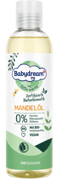 Babydream Natural Olejek migdałowy 250ml w przezroczystej butelce z białą nakrętką, widok z przodu, z certyfikatem naturalnym.