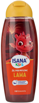 Isana Kids Żel pod Prysznic LAWA dla dzieci, przezroczysta butelka z czerwonym płynem i wizerunkiem smoka.