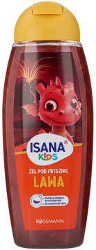 Isana Kids Żel pod Prysznic LAWA dla dzieci, przezroczysta butelka z czerwonym płynem i wizerunkiem smoka.