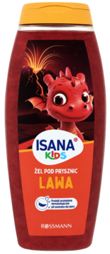 ISANA KIDS Żel pod prysznic LAVA w czerwonej butelce. Frontalny widok na smoka i wulkan. Testowany dermatologicznie.