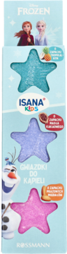Front opakowania Isana Kids Gwiazdki do Kąpieli Frozen z 3 brokatowymi gwiazdkami: turkusową, fioletową i różową.