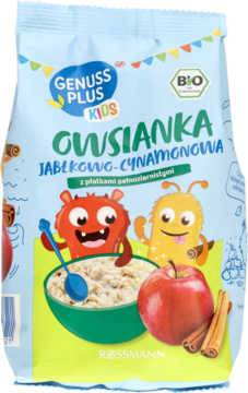 Niebieska torebka Genuss Plus Kids Owsianka jabłkowo-cynamonowa, przód z grafiką potworów i miski.