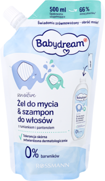 BABYDREAM Sensitive ,żel do mycia i szampon do włosów, zapas,przód