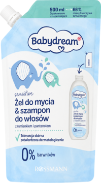 Niebieski żel Babydream do mycia & szampon sensitive 500ml, opakowanie uzupełniające z rumiankiem i pantenolem.