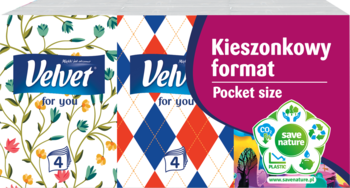 Chusteczki higieniczne Velver, zestaw kieszonkowych opakowań w kwiaty i kratę, logo Save Nature.