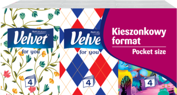 Chusteczki higieniczne Velvet, 4-warstwowe. Trzy opakowania: kwiatowe, w romby i 'Pocket size'.