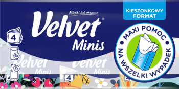 Granatowy multipak Velvet Minis chusteczek higienicznych, format kieszonkowy, widok z przodu, z grafiką 4 sztuk.