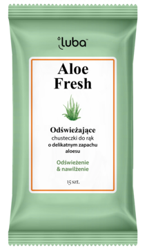 Luba Aloe Fresh odświeżające chusteczki nawilżane z aloesem, jasnozielona saszetka 15 szt., widok z przodu.