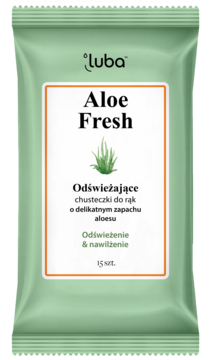 Luba Aloe Fresh odświeżające chusteczki nawilżane z aloesem, jasnozielona saszetka 15 szt., widok z przodu.