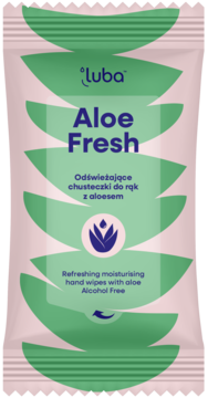 Saszety Luba Aloe Fresh odświeżające chusteczki nawilżane bez alkoholu, z przodu różowe z zielonymi liśćmi.