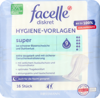 Facelle Diskret Super wkładki chłonne, 16 szt., niebiesko-białe opakowanie z napisem 'super', widok z przodu.