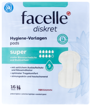 Białe opakowanie Facelle Diskret Super, wkładki higieniczne 16 szt., zielony pasek, symbol 9 kropli, widok z przodu.