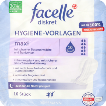 Facelle Diskret Maxi wkładki higieniczne, 16 szt., niebieskie opakowanie, widok z przodu, na nietrzymanie.