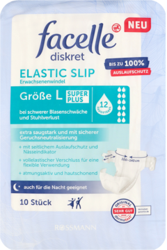 Pieluchomajtki facelle diskret Elastic Slip Super Plus w opakowaniu, rozmiar L, 10 sztuk, z ochroną do 100%.