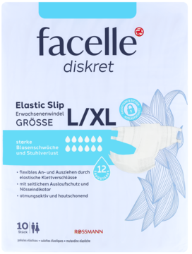 facelle diskret Elastic Slip L/XL, 10 sztuk. Wysoce chłonne elastyczne pieluchomajtki dla dorosłych. Widok z przodu.