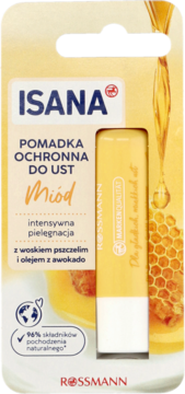 ISANA pomadka ochronna Miód z woskiem pszczelim, w żółto-miodowym opakowaniu z plastrem miodu, widok z przodu.