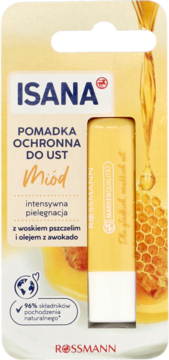 ISANA pomadka ochronna Miód z woskiem pszczelim, w żółto-miodowym opakowaniu z plastrem miodu, widok z przodu.
