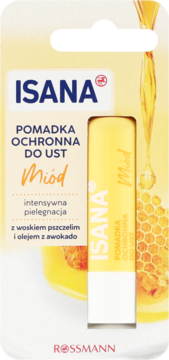 Isana pomadka ochronna Miód, intensywnie pielęgnująca z woskiem pszczelim i awokado, w żółtym blistrze.