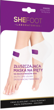 Białe opakowanie Shefoot Laboratories złuszczającej maski na pięty z kwasami AHA, widok z przodu.