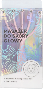 Różowy masażer do skóry głowy Ewa Schmitt w holograficznym opakowaniu, widok z przodu, z metalowymi końcówkami.