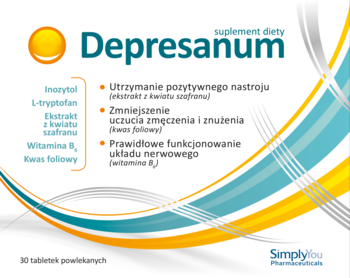 Depresanum suplement diety, białe opakowanie z niebiesko-pomarańczowymi falami, widok z przodu, wspiera nastrój i układ nerwowy.