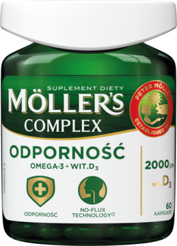 Zielona butelka suplementu Möller's Complex Odporność z białą nakrętką, widok z przodu, z etykietą Omega-3 + wit. D3.