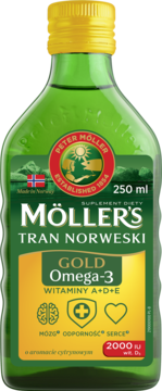 MÖLLER'S Tran Norweski Gold,tran o aromacie Cytrynowym, suplement diety,przód