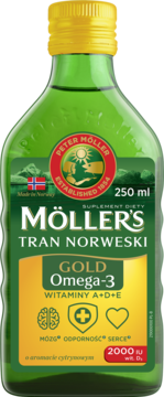 Möller's Tran Norweski Gold Omega-3, zielona butelka 250 ml z żółtą nakrętką, widok z przodu. Witaminy A, D3 (2000 IU), E.