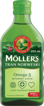 MÖLLER'S Tran Norweski ,tran o aromacie Jabłka, dla dorosłych i dla dzieci powyżej 3. roku życia, suplement diety,przód