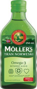 Zielona butelka Möller's Tran Norweski 250ml, etykieta z Omega-3, A+D+E, ikonami mózgu, serca, odporności.