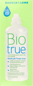 Bausch + Lomb Biotrue płyn do soczewek, biała butelka z zielono-niebieskim logo i kroplą "20", widok z przodu.