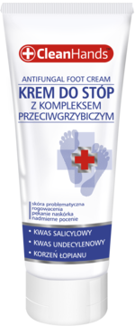 Biała tuba kremu do stóp CleanHands Przeciwgrzybiczego, z niebieskimi napisami i ikoną stóp, widok z przodu.