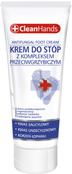 Biała tuba kremu do stóp CleanHands Przeciwgrzybiczego, z niebieskimi napisami i ikoną stóp, widok z przodu.