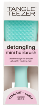 Tangle Teezer detangling mini hairbrush, mint green, in white retail box with text for straight-curly hair.