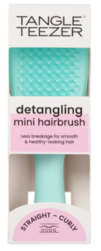 Tangle Teezer detangling mini hairbrush, mint green, in white retail box with text for straight-curly hair.