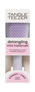 Opakowanie fioletowej szczotki Tangle Teezer do włosów, widoczna główka z wypustkami. Mini hairbrush dla włosów prostych i kręconych.