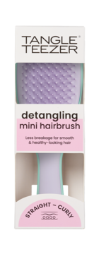 Opakowanie fioletowej szczotki Tangle Teezer do włosów, widoczna główka z wypustkami. Mini hairbrush dla włosów prostych i kręconych.