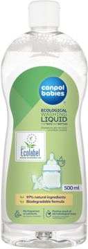 Canpol Babies Płyn Ekologiczny do mycia butelek 500ml. Przeźroczysta butelka z zieloną etykietą, z przodu.