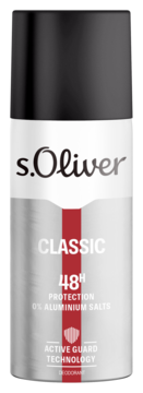 Dezodorant S.Oliver Classic Men, czarno-srebrna puszka z czerwonym paskiem, 48h, bez aluminium, widok z przodu.