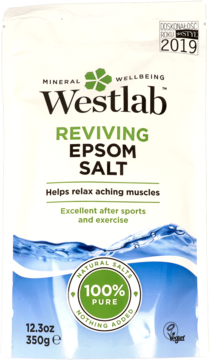 Front biało-niebieskiego opakowania Westlab Reviving Epsom Salt, 350g, do relaksu mięśni, 100% czysta.