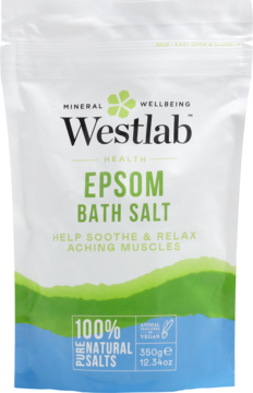 Westlab Epsom Bath Salt 350g w białej torebce, zielony gradient, z przodu widoczny napis: RELAX ACHING MUSCLES.