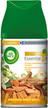 Air Wick Freshmatic wkład: Sandalwood & Warm Vanilla, zielono-żółta puszka, widok z przodu, do 70 dni.